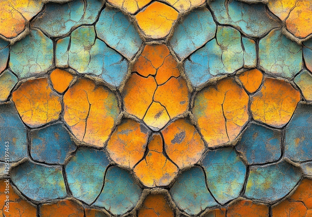 Aufkleber vibrant textured surface with cracked hexagonal patterns in orange and blue, ideal for background or