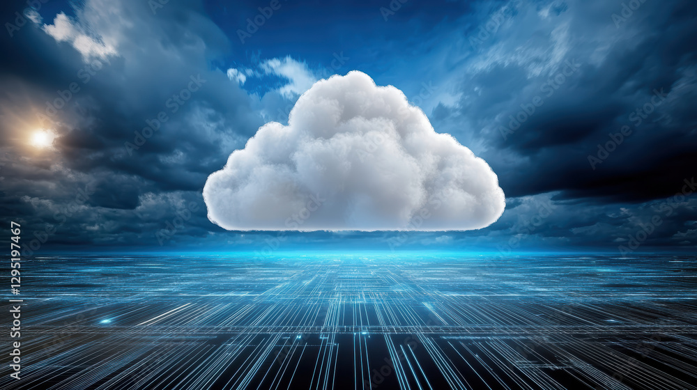 Poster secure cloud computing infrastructure with dramatic sky backdrop