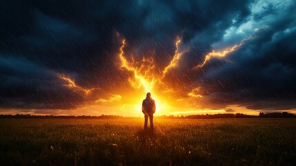 Person standing in a field during a storm with a dramatic sunset and landscape background