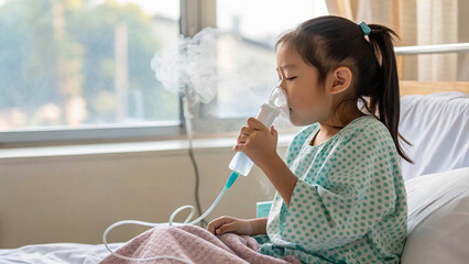Sick little asian girl inhalation with nebulizer for respiratory treatment,clinic, make well, toddler, pneumonia, nasal, asian, young, care
