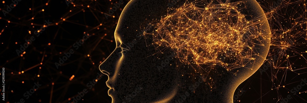 Aufkleber Human head silhouette with interconnected glowing AI nodes in a cosmic cyberpunk design. Generative AI