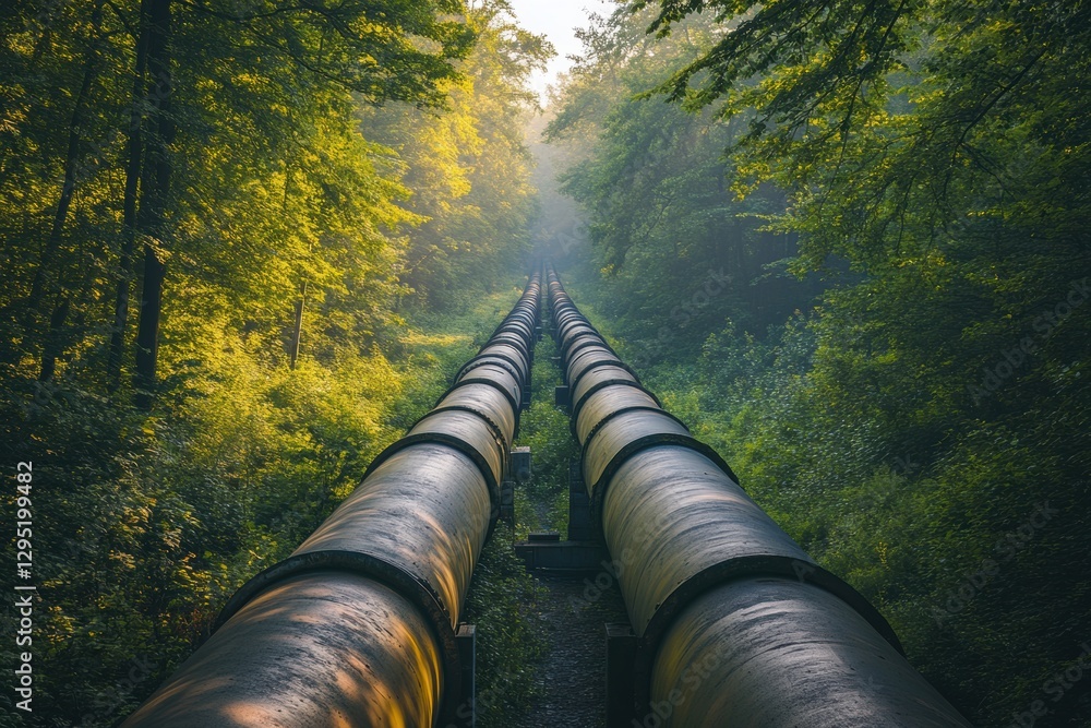Poster gas pipelines running through a vibrant green forest at dawn showcasing nature and infrastructure ha