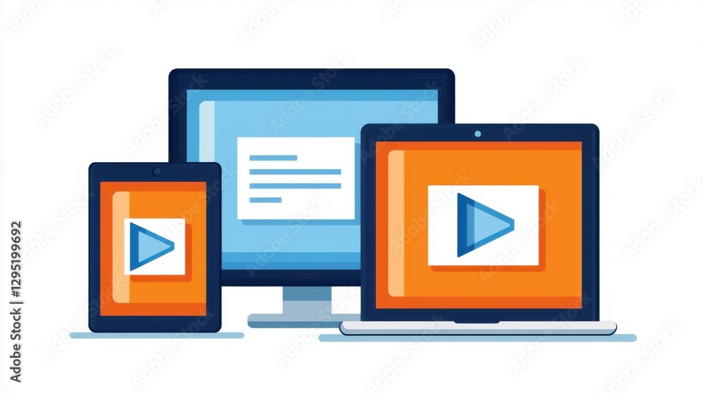 Poster digital literacy media literacy critical thinking concept. multiple devices displaying a play button