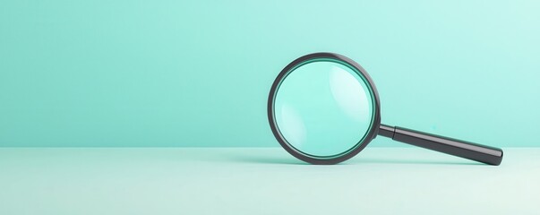 Digital Literacy Media Literacy Critical Thinking concept. A magnifying glass rests on a light turquoise surface, symbolizing exploration and investigation.