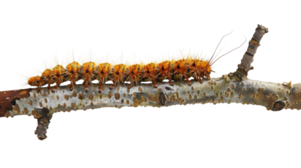 Processionary caterpillars crawling on a branch with transparent background