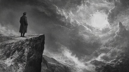 Figure contemplating turbulent skies standing on cliff edge, monochrome