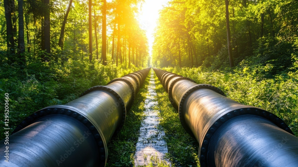 Poster Gas pipelines traverse a verdant forest under a bright sun in a serene natural environment. Generative AI