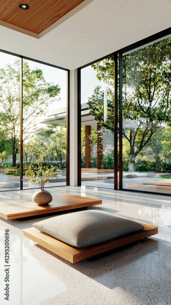 Aufkleber serene minimalist living space with soft daylight modern design open environment wide shot emphasizi