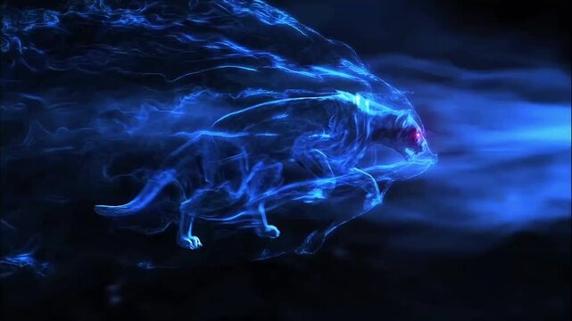 A blue smokey tiger  with striking red eyes, gazing intently, featured in a captivating video scene.