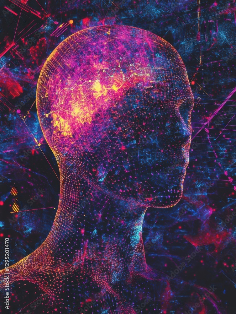 Leinwandbilder Human head silhouette filled with glowing network nodes and patterns in a cosmic cyberpunk space. Generative AI