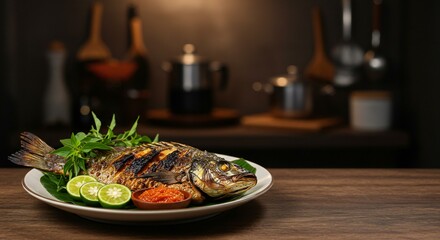 Grilled Gurame Fish Served with Lime and Spicy Sauce