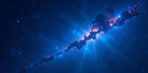 Cosmic meteor shower with bright blue light streaks against dark starry sky backdrop, meteor, blue light