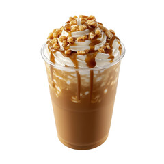 Delicious caramel coffee beverage topped with whipped cream and popcorn. transparent background