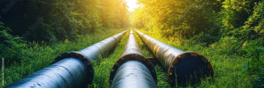 Aufkleber Gas pipelines running through a verdant forest with sunlight filtering through leaves in early morning. Generative AI