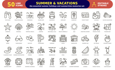 Summer holidays and vacations Icon Set. Thin line editable stroke icons for beach, summertime activities, travel, holiday, tropical, camping, tourism