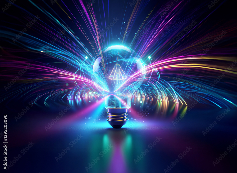 Poster a vibrant double exposure image of a glowing lightbulb emitting colorful energy rays and abstract di
