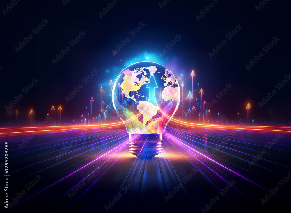 Poster a double exposure image features a light bulb containing a world map with vibrant colors against a d