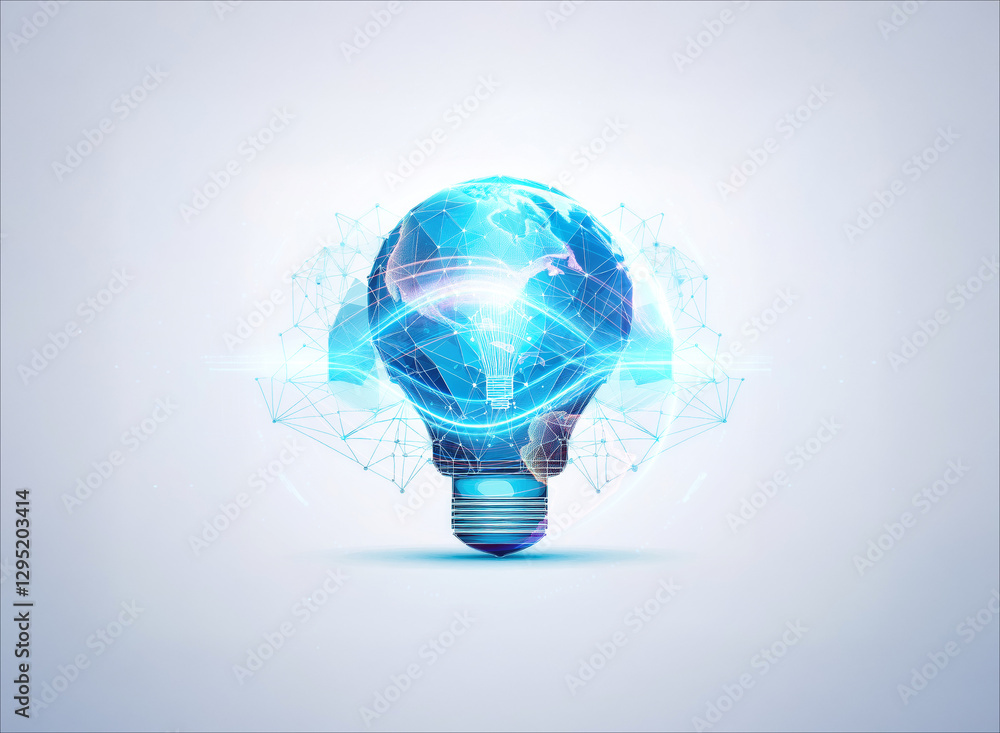 Poster a double exposure image showcasing a light bulb filled with a glowing world map. the design suggests