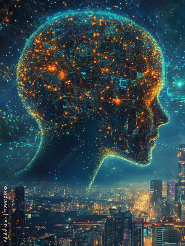 Poster human head silhouette filled with glowing ai nodes in cosmic cyberpunk backdrop showcasing digital f