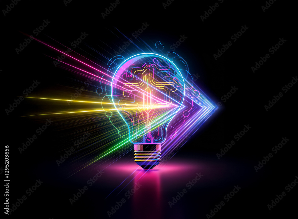 Poster vibrant neon light bulb with colorful rays and a triangle in double exposure effect against a dark b