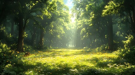Fototapeta premium Sunlit Forest Path, Meadow, Spring, Sunlight, Nature, Background, Idyllic, Peaceful, Wallpaper