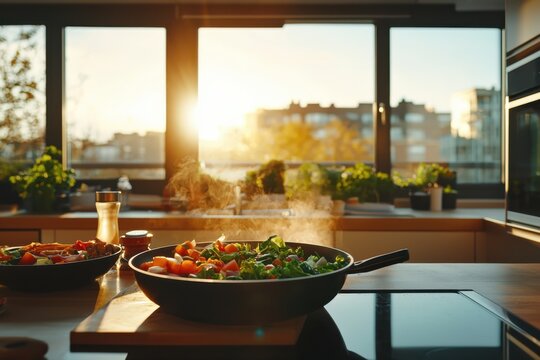 Creative leftover meal preparations vibrant kitchen cooking action afternoon light midshot food waste prevention efforts - Powered by Adobe