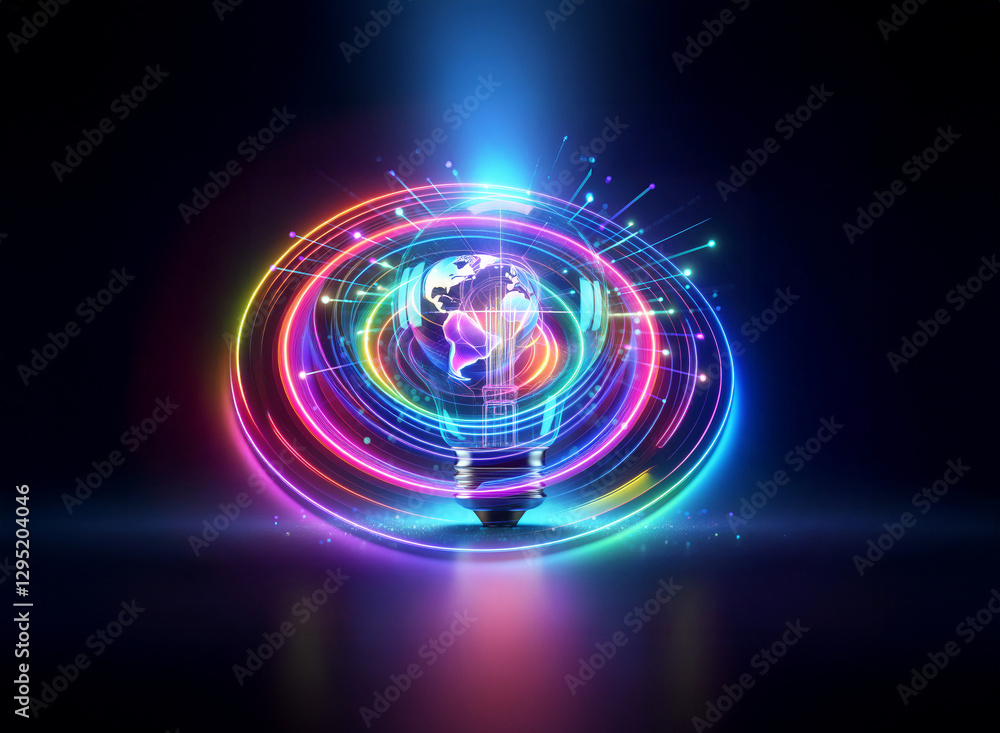 Poster vibrant double exposure of a glowing globe within a luminous circle on a dark backdrop. a dynamic an