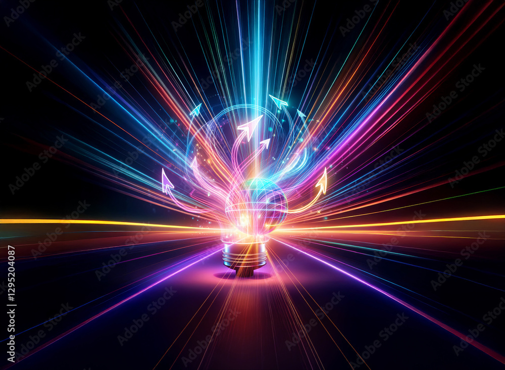 Poster double exposure image featuring a vibrant lightbulb shape formed by colorful rays, radiating energy 