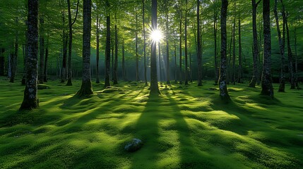 Obraz premium Sunlit forest moss carpet, tranquil nature scene, sunrise