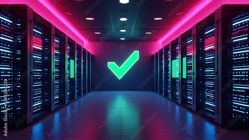 Poster tech in harmony: a neon server room with a seal of approval