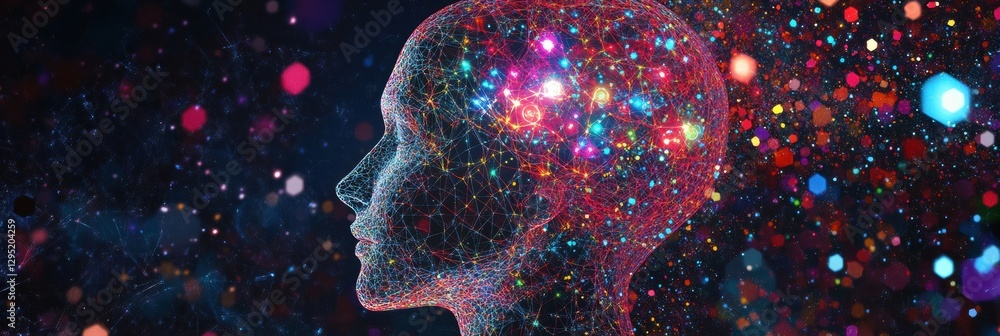 Poster human head silhouette illuminated with interconnected ai nodes in a vivid cosmic cyberpunk backdrop.