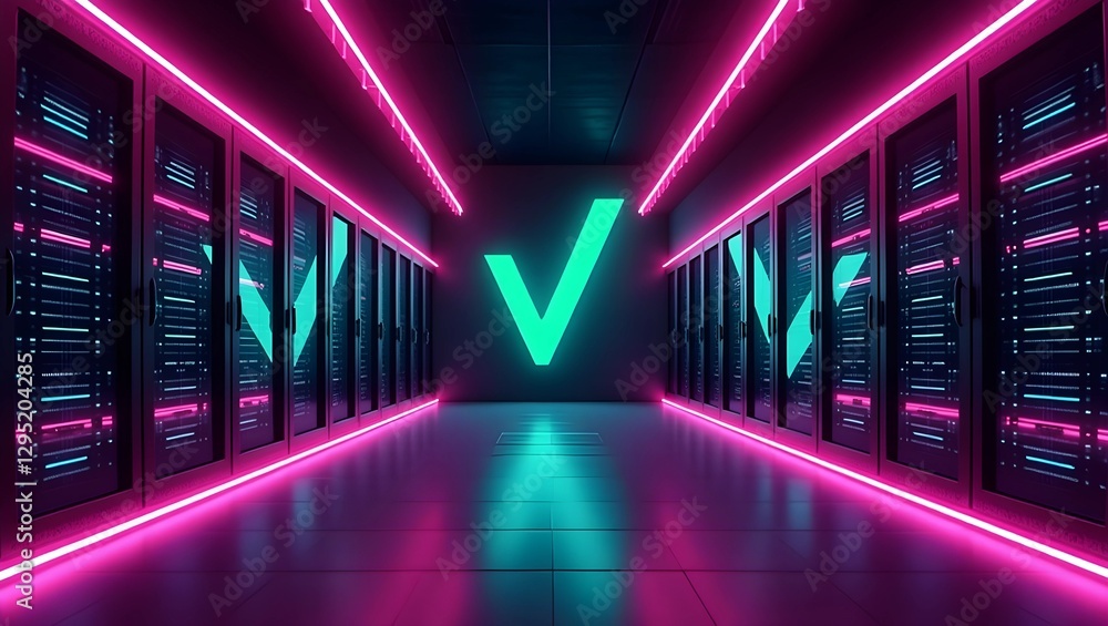 Poster tech in harmony: a neon server room with a seal of approval