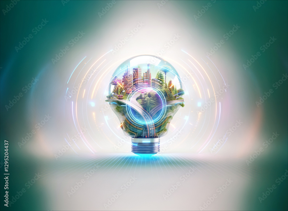 Poster a double exposure image showcases a lightbulb encapsulating a vibrant cityscape merging with a lush 