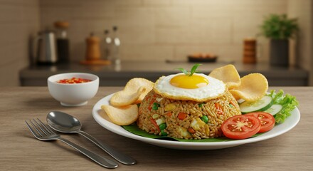 Delicious Fried Rice with Egg and Fresh Vegetables on Plate