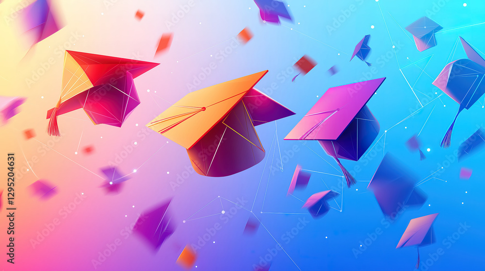 Poster graduation cap design with connected points and lines, abstract technology network concept