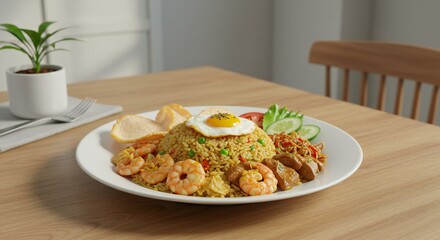 Delicious Fried Rice with Shrimp and Fresh Vegetables on Plate