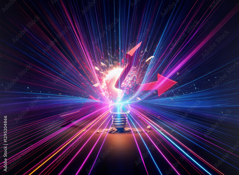 Poster a vibrant double exposure image featuring a lightbulb with a red arrow and bright, colorful rays bur