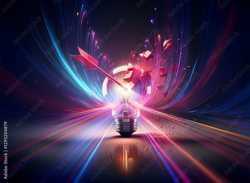 Poster vibrant double exposure art showing an arrow piercing a light bulb, creating a burst of light and en