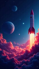 Fototapeta premium Futuristic space travel concept with rockets and planets, cosmic, spaceship, celestial