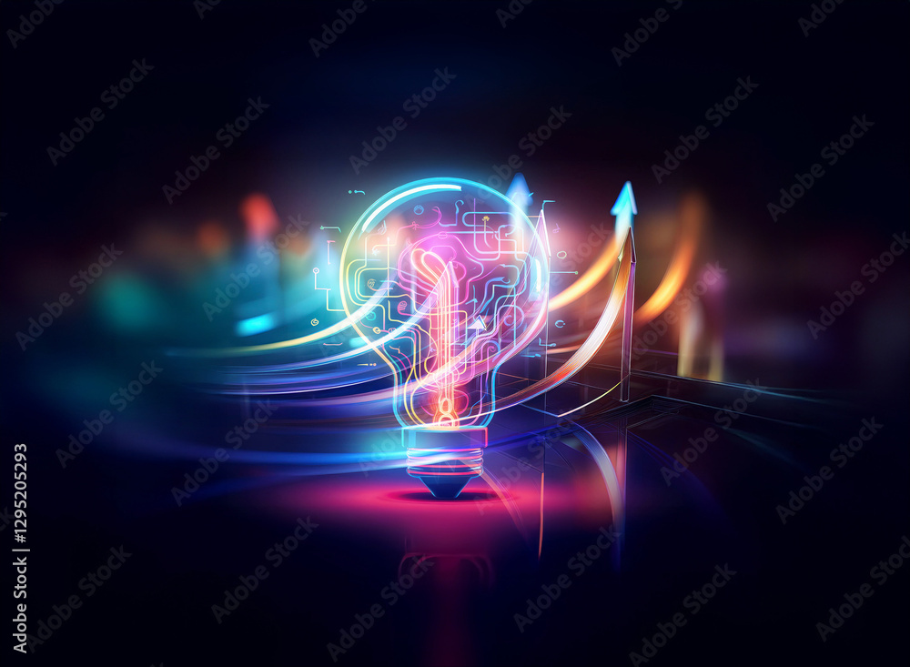 Poster a double exposure image showcases a vibrant lightbulb with a circuit board pattern, surrounded by gl