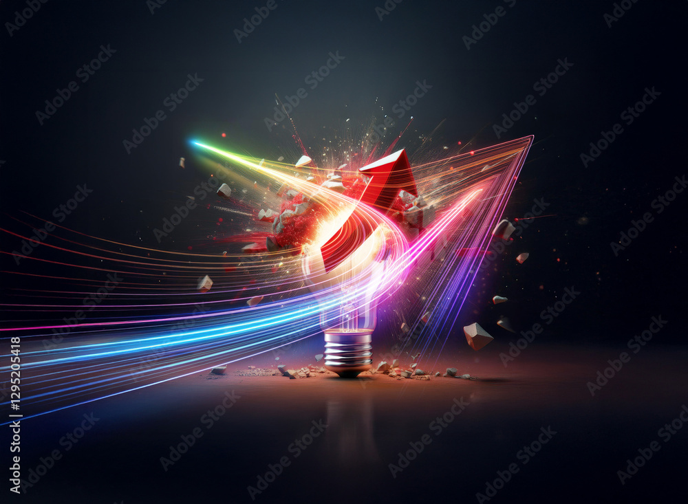 Poster a vibrant double exposure image shows a red cube shattering above a lightbulb base, emitting colourf