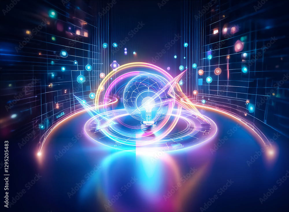 Poster abstract digital artwork with double exposure effect, showcasing vibrant light trails and glowing sh