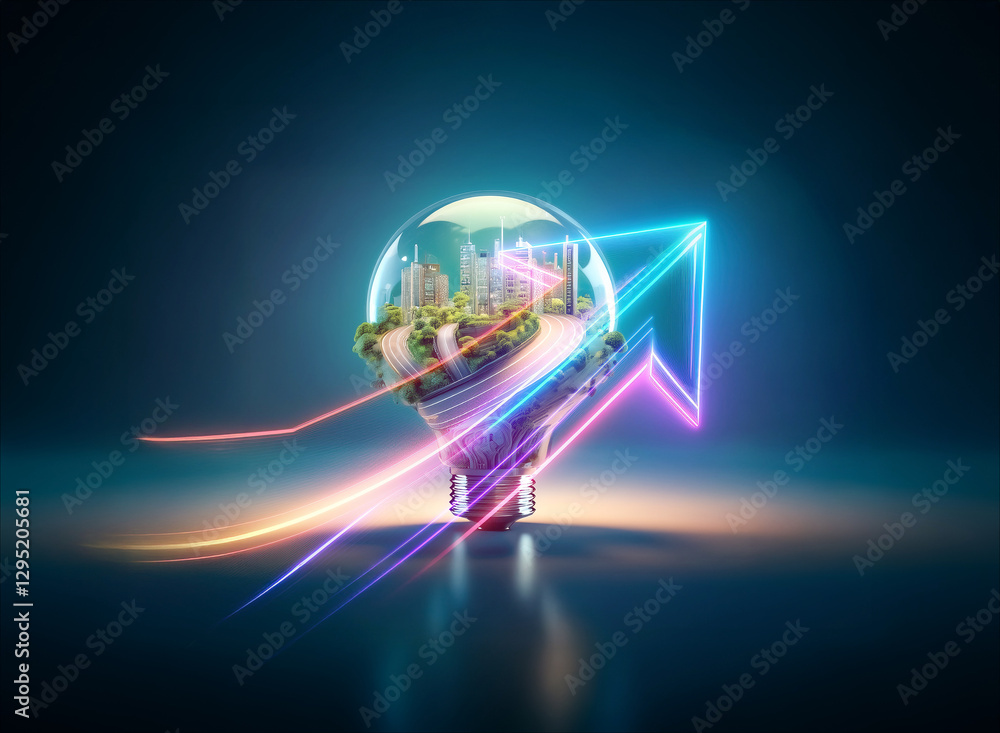 Poster a double exposure image features a bright lightbulb encapsulating a cityscape, surrounded by vibrant