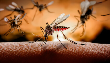 Zica virus aedes aegypti mosquito on human skin,Dengue, Chikungunya, Mayaro, Yellow fever (dengue, zika, yellow fever mosquito) biting human skin, frontal view