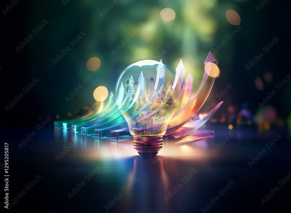 Poster a vibrant lightbulb emits colorful trails in a double exposure style, creating an abstract and conce
