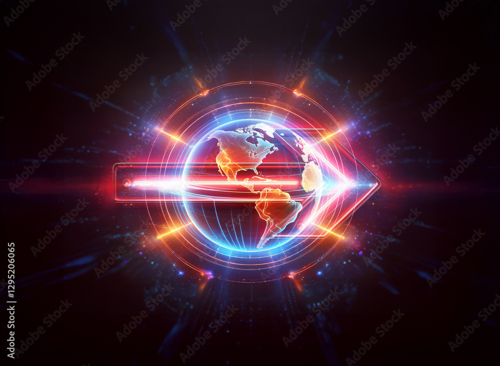 Poster futuristic double exposure globe with glowing lines and geometric shapes on a dark background, creat