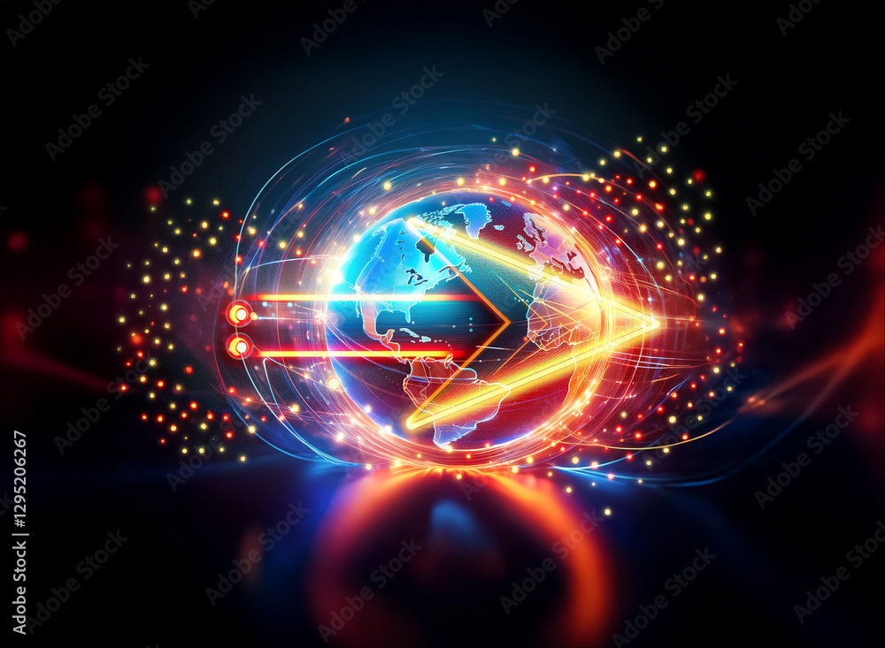 Poster double exposure art: a glowing globe surrounded by dynamic lines and dots, representing global data 