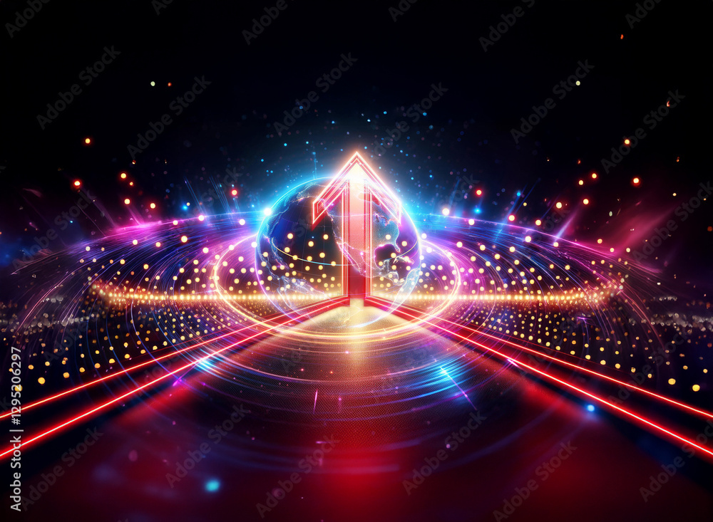 Poster vibrant double exposure art features a glowing upward arrow with dynamic light trails and radiant pa