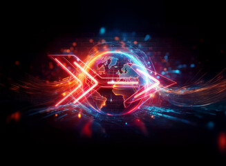 Double exposure art featuring a luminous arrow encircling a world map, set against a dark backdrop with dynamic orange and blue light streaks.