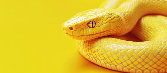 Fototapeta premium Yellow snake coiled, yellow background, nature, wildlife